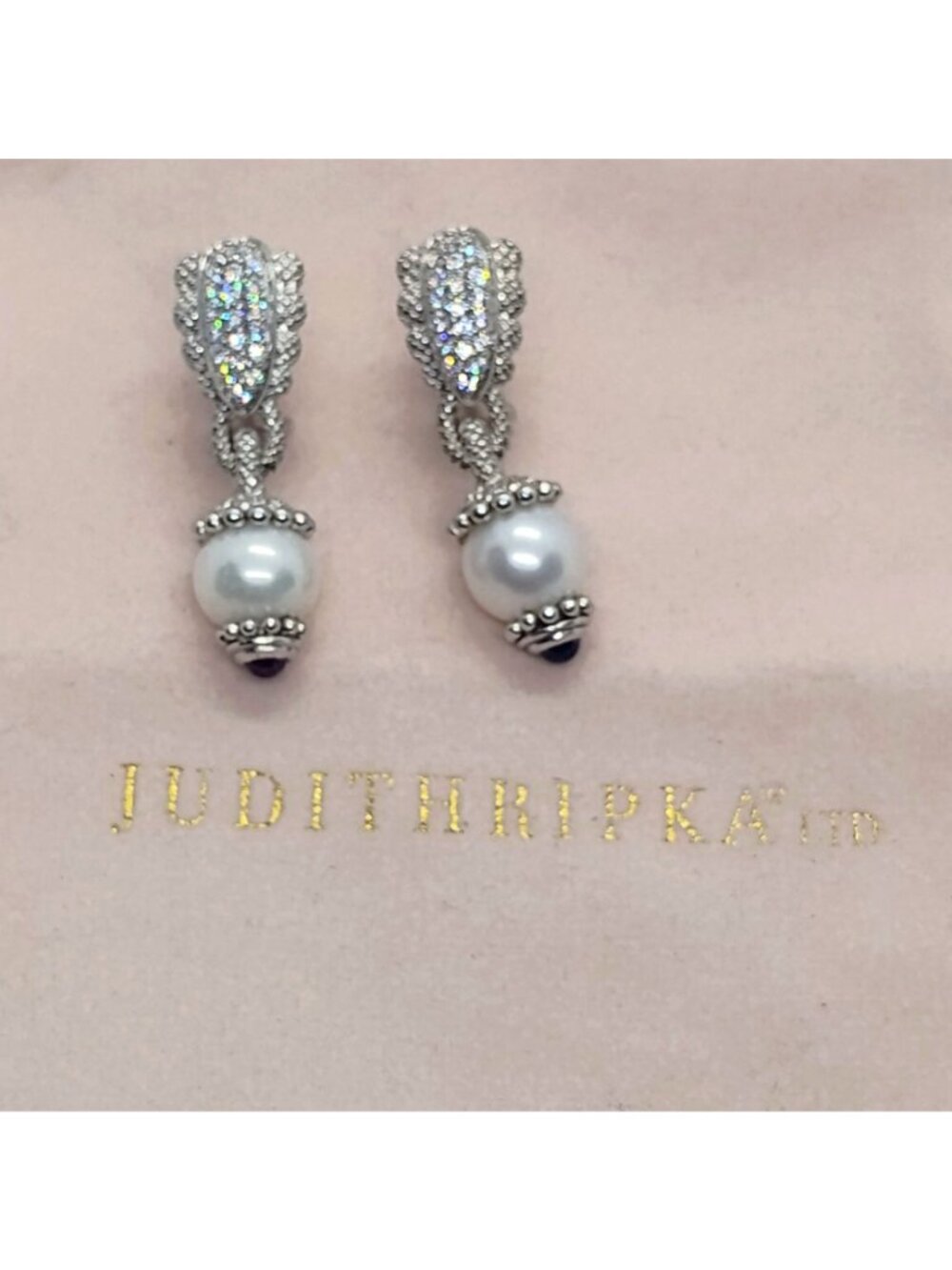 Judith Ripka Sterling Silver CZ Rhinestone Pearl Garnet Dangle Earrings - Picture 6 of 8